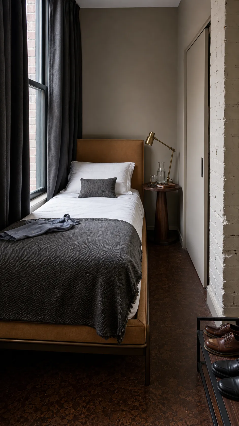 Adult twin XL bed in a refined compact bedroom