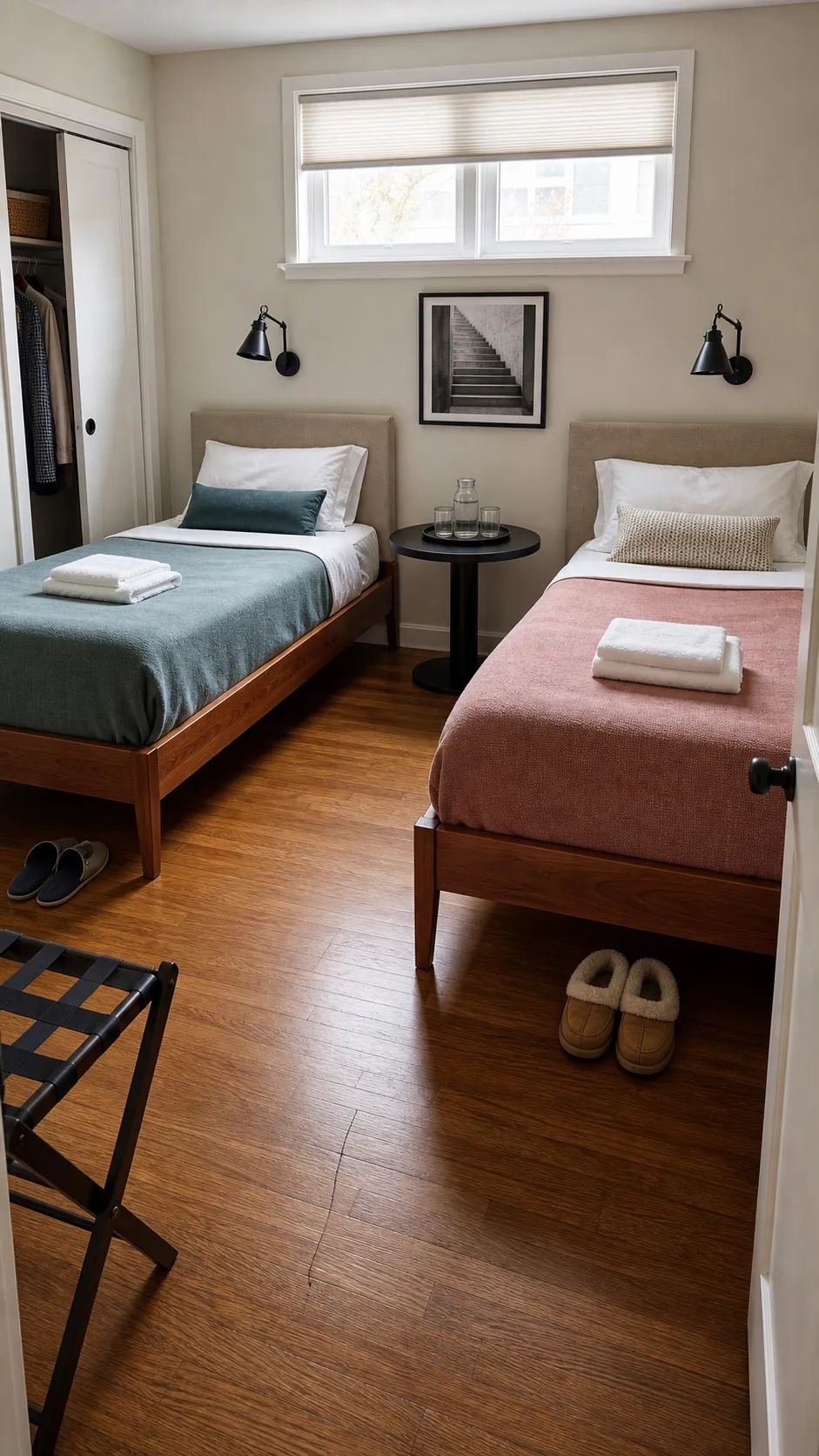 Two parallel twin beds in a small shared bedroom