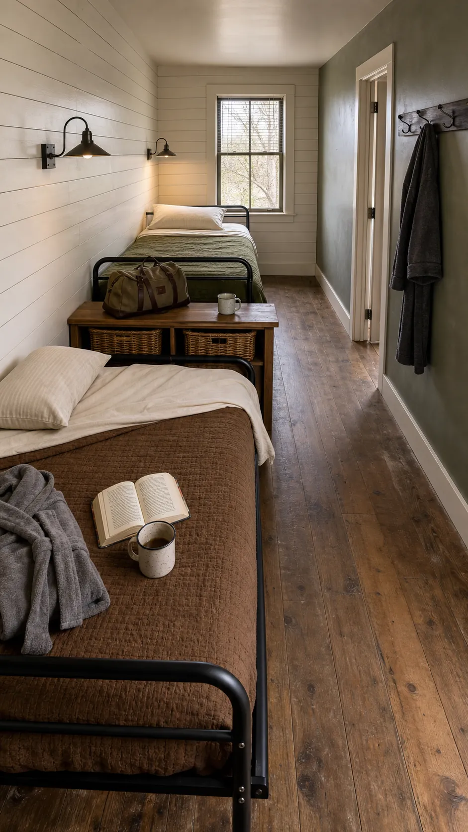 Twin beds arranged end to end in a long narrow bedroom