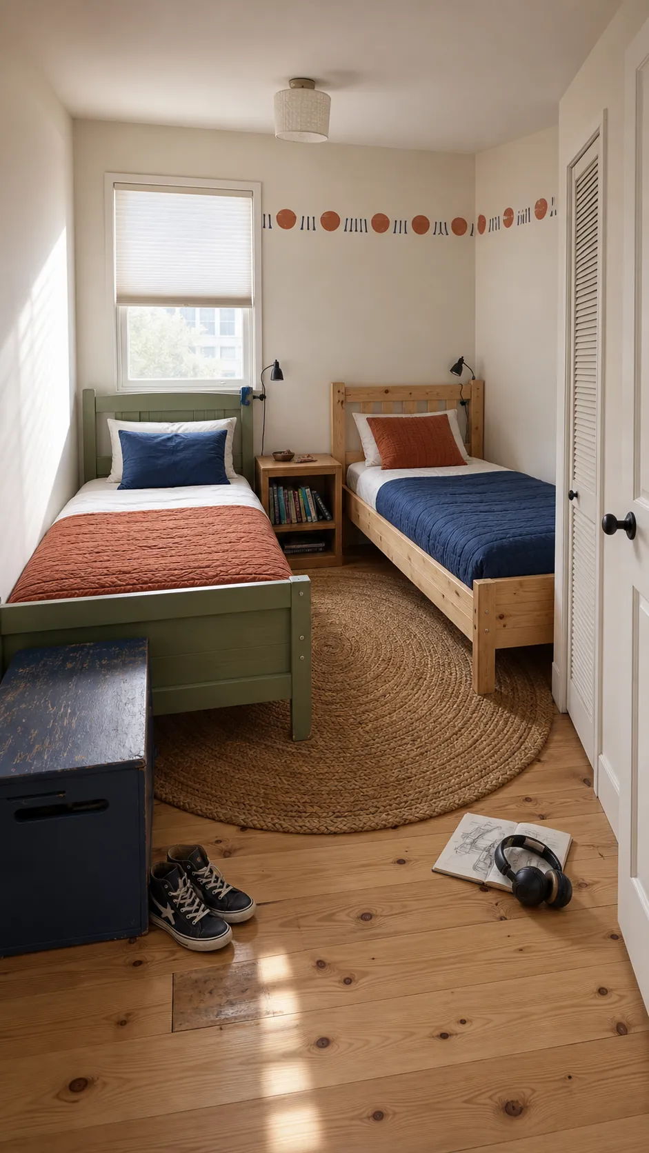 L-shaped twin bed arrangement in a compact shared room