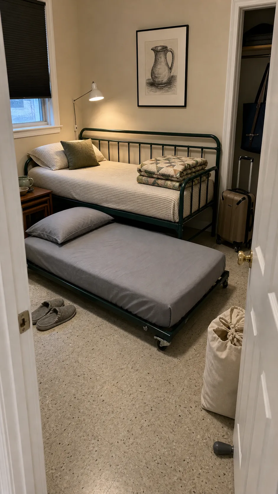 Twin trundle bed pulled out in a small guest room