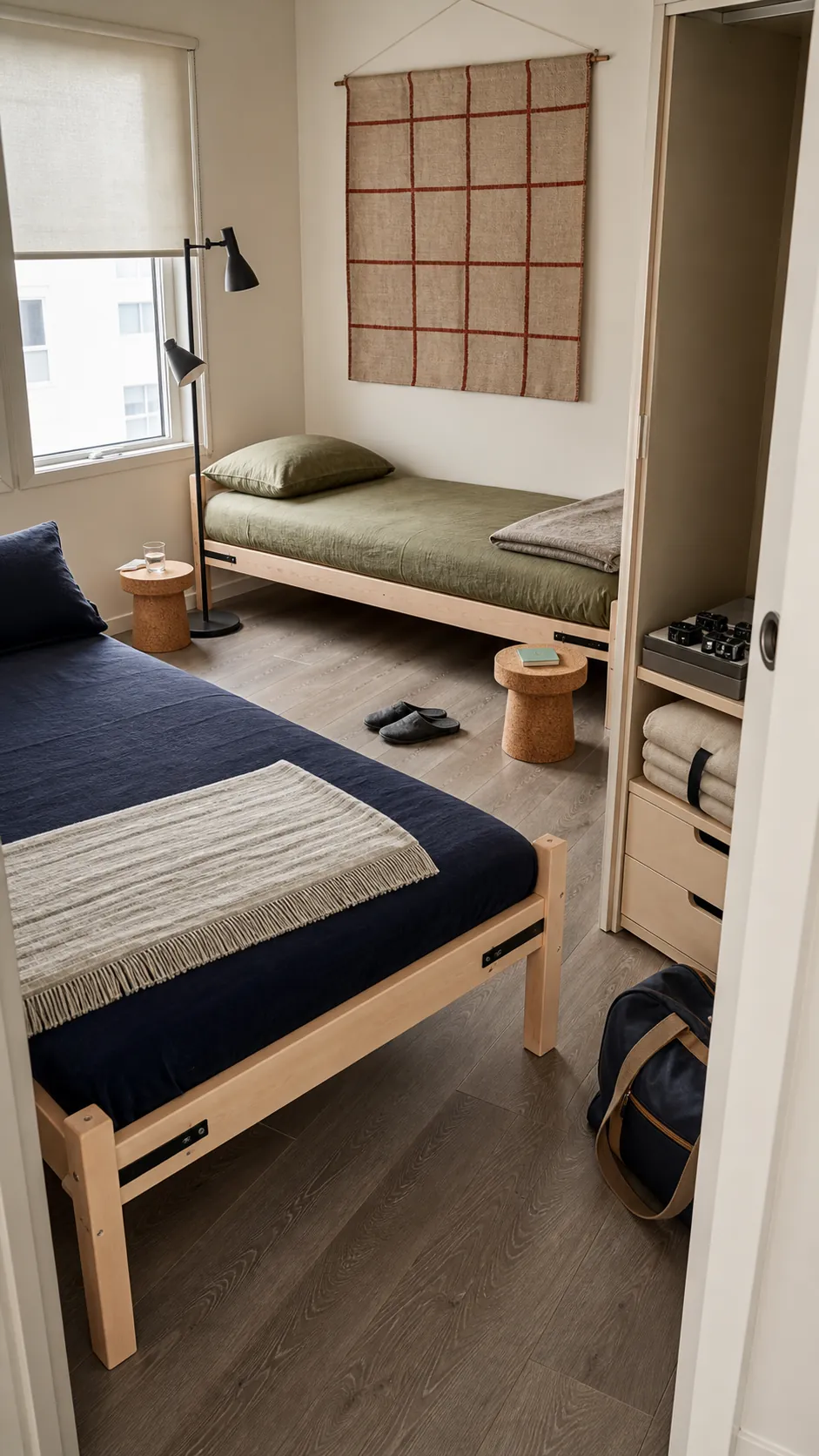 Stackable twin beds separated for guests in a compact room