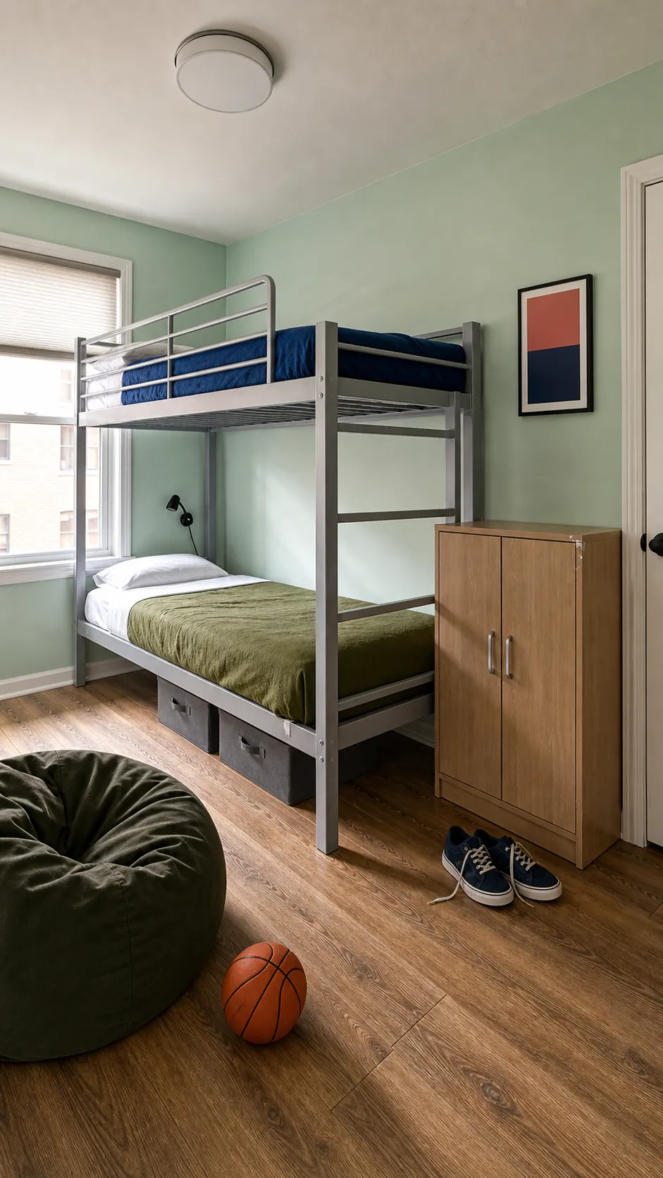 Open-end bunk bed preserving light in a small shared room