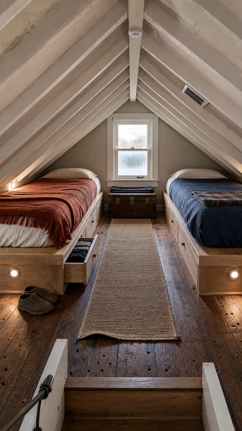 Twin beds built beneath opposite attic eaves