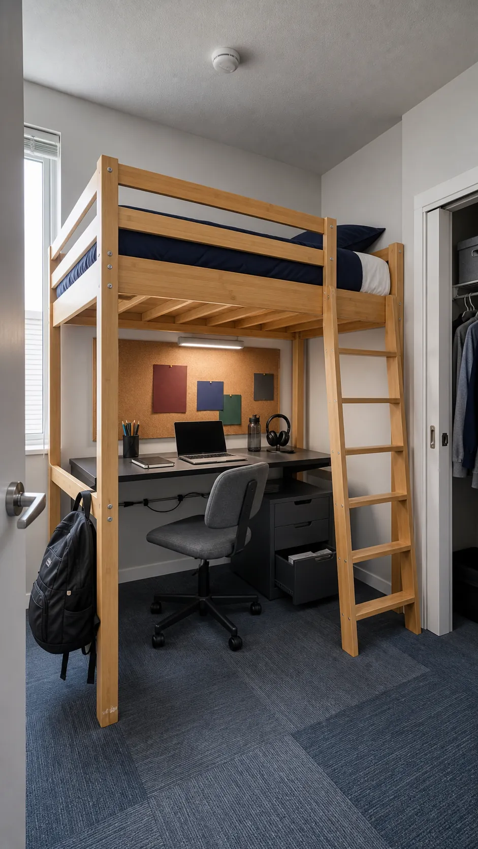 Twin loft bed above a compact desk in a tiny bedroom