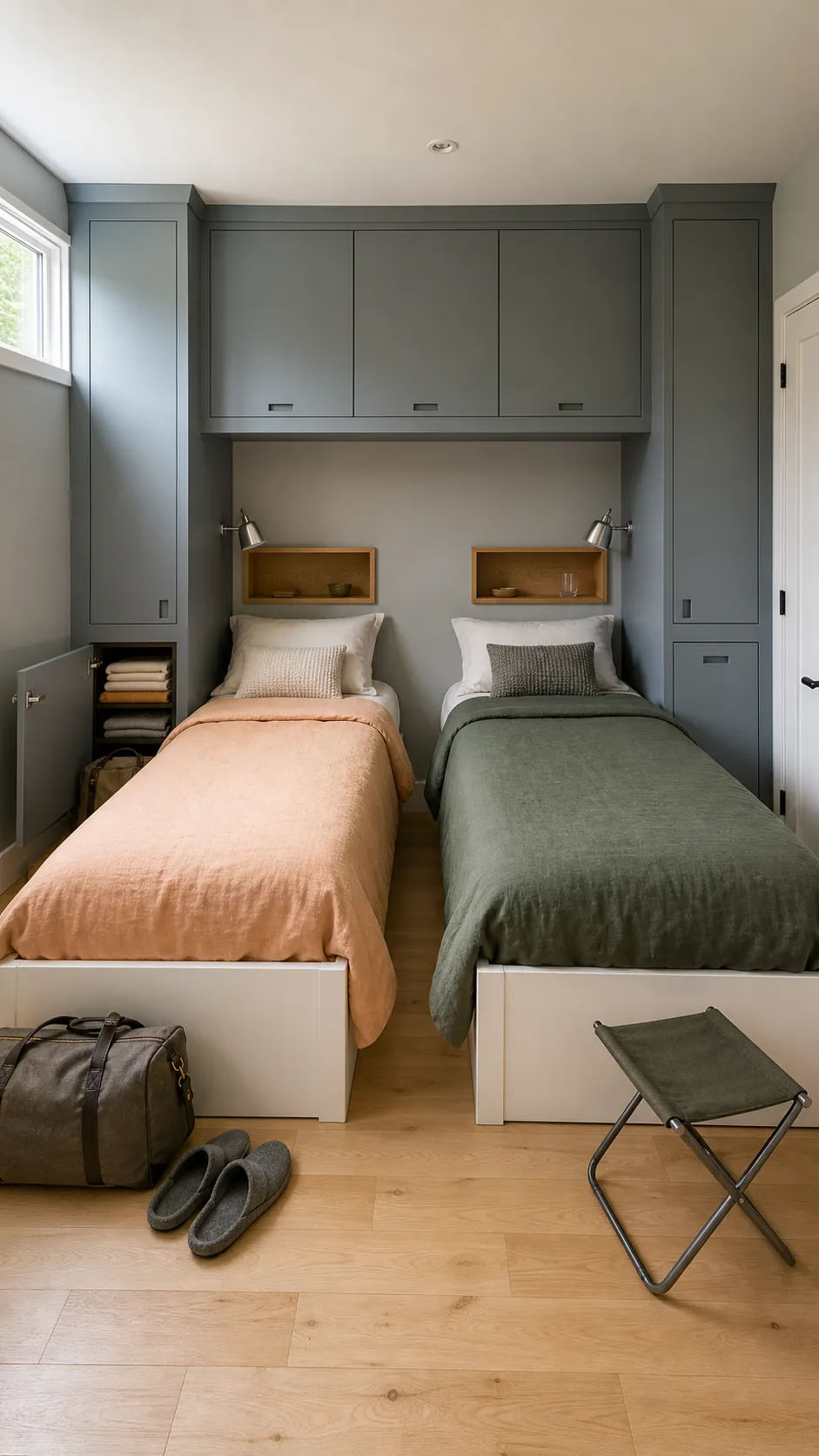 Overhead storage bridge spanning two twin beds