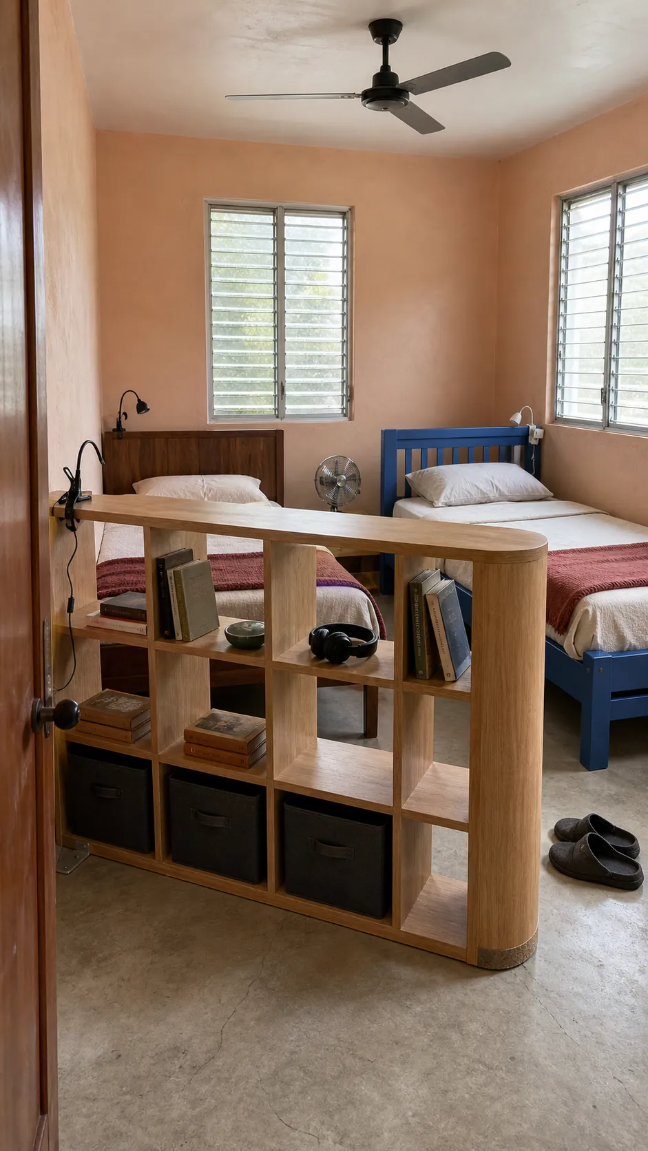 Anchored open bookcase dividing two twin beds