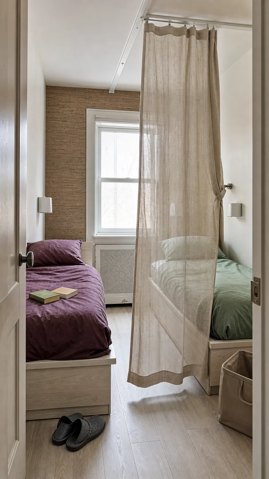 Ceiling track curtain providing privacy between twin beds