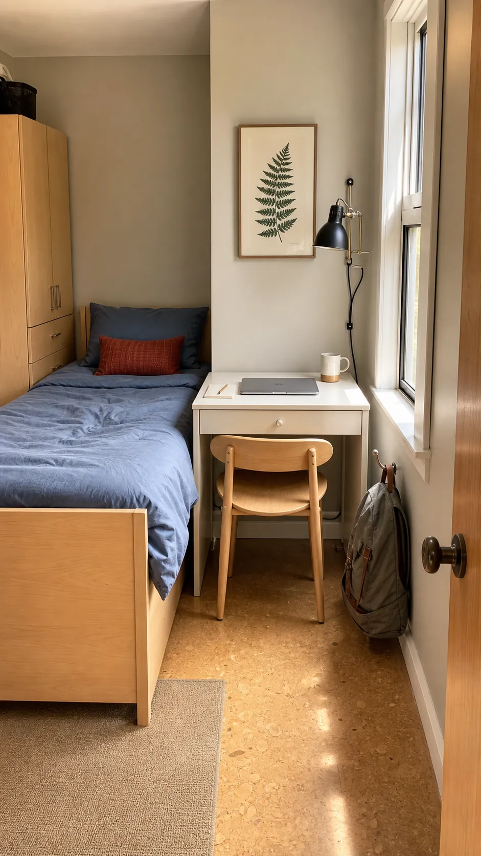 Slim desk positioned at the foot of a twin bed