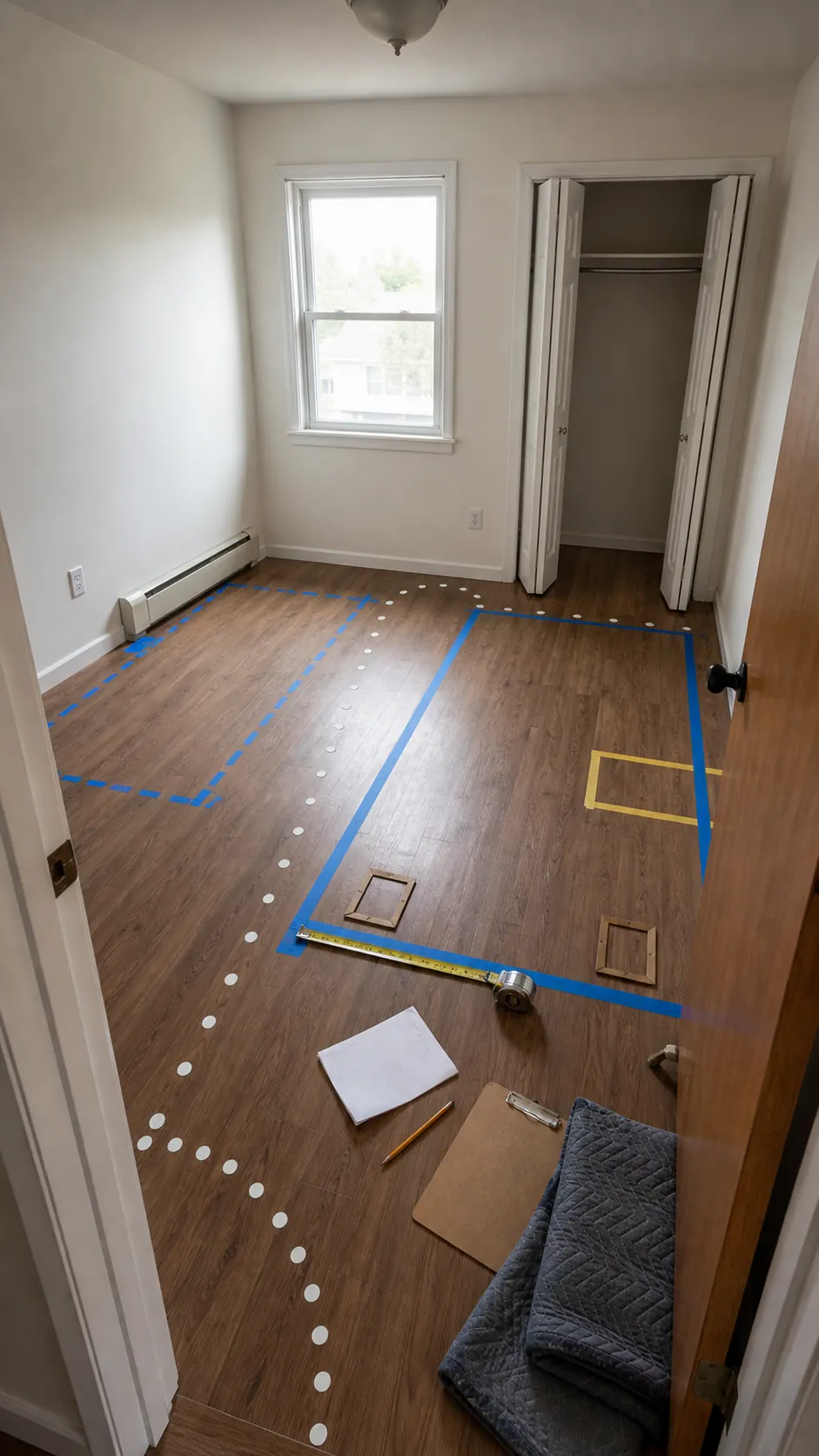 Small bedroom floor mapped with full-size twin bed tape outlines
