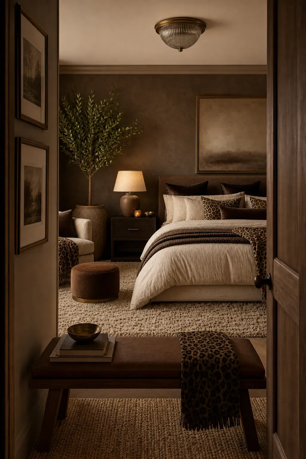 Leopard throw draped across a bed with a velvet headboard