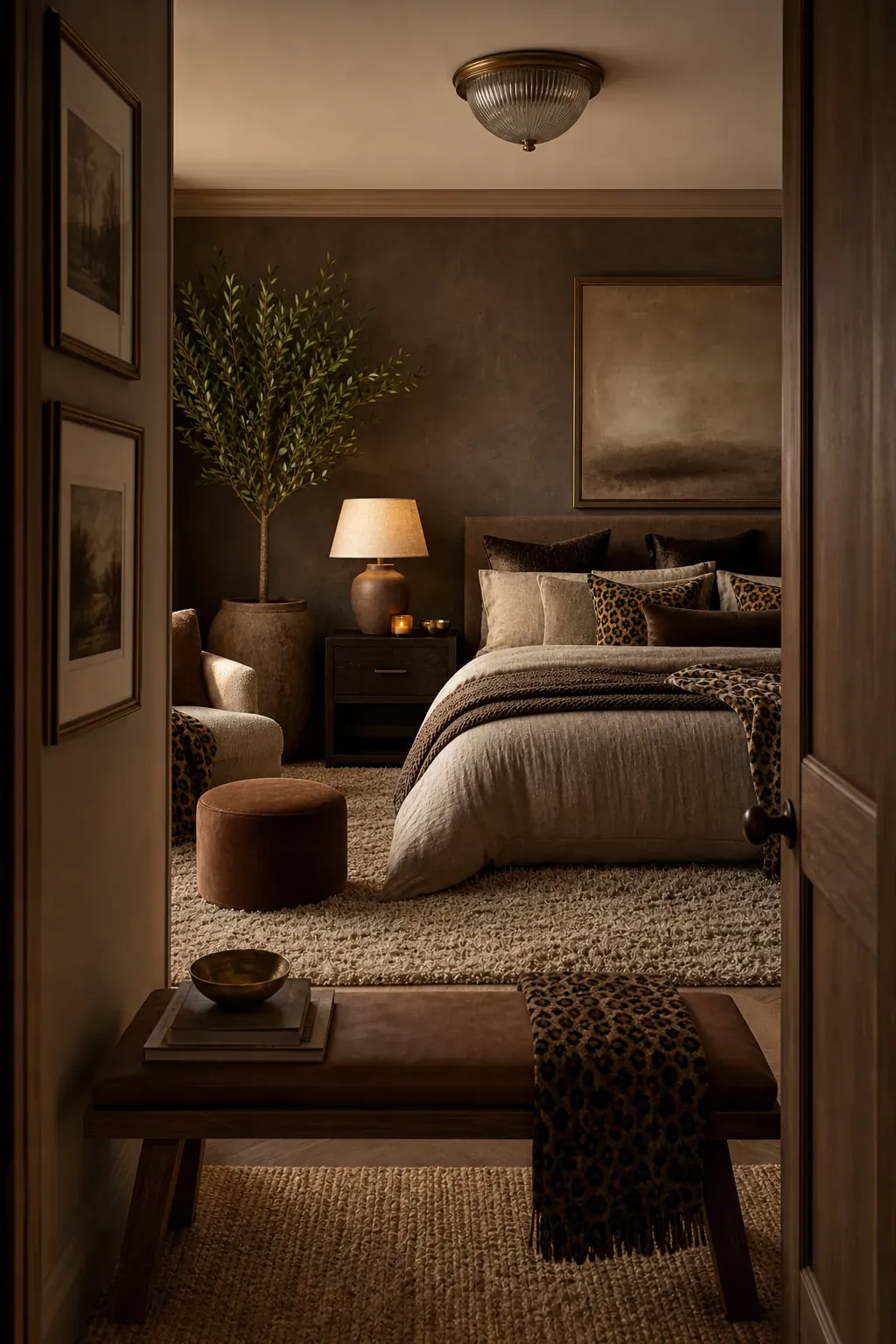 Collected leopard bedroom with warm neutrals and a tailored animal-print bench