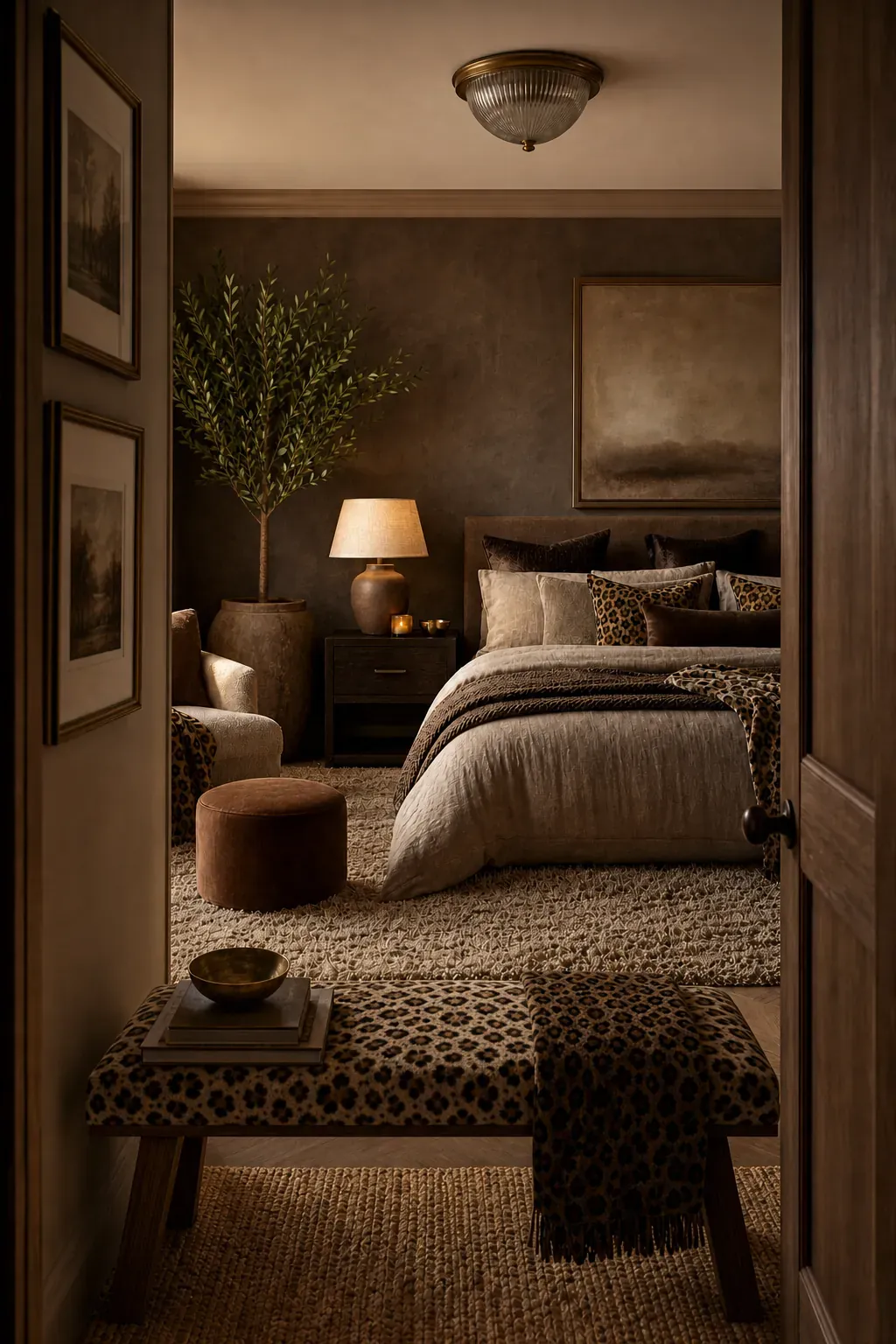 Leopard upholstered bench at the foot of a calm bedroom