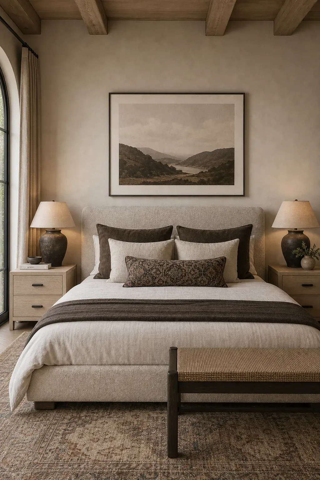 Leopard lumbar pillow centered on a neutral layered bed
