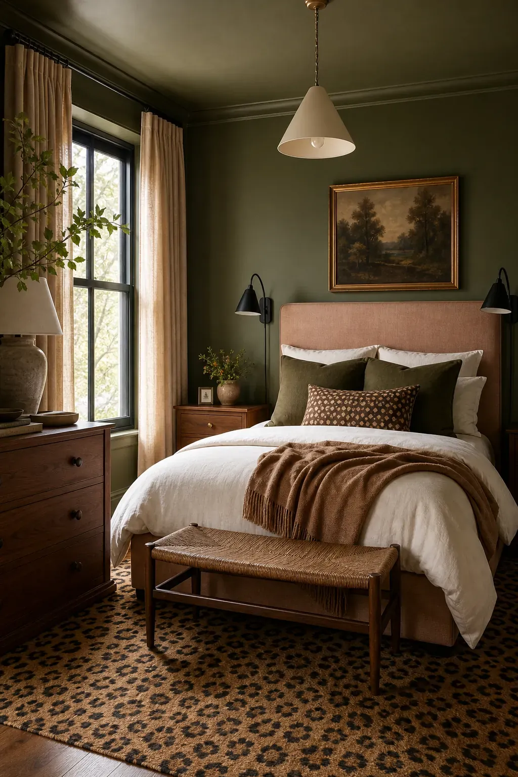 Large leopard rug extending from beneath a bedroom bed