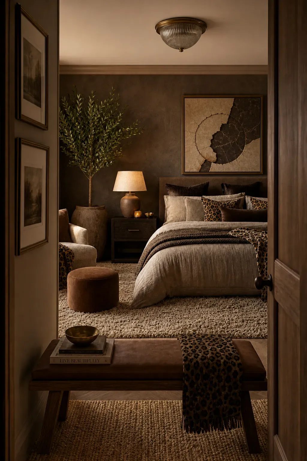 Oversized framed leopard fabric above a bedroom dresser