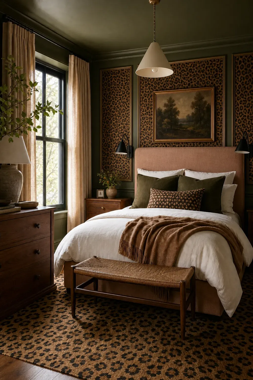 Full-length leopard curtains framing a bedroom window