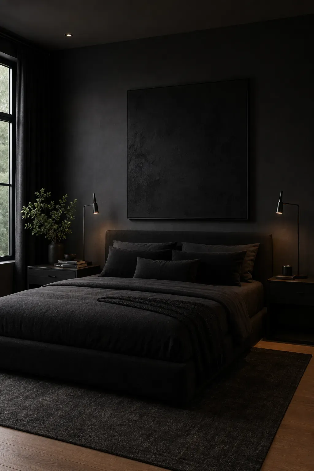 Tonal black leopard rug in a pale bedroom