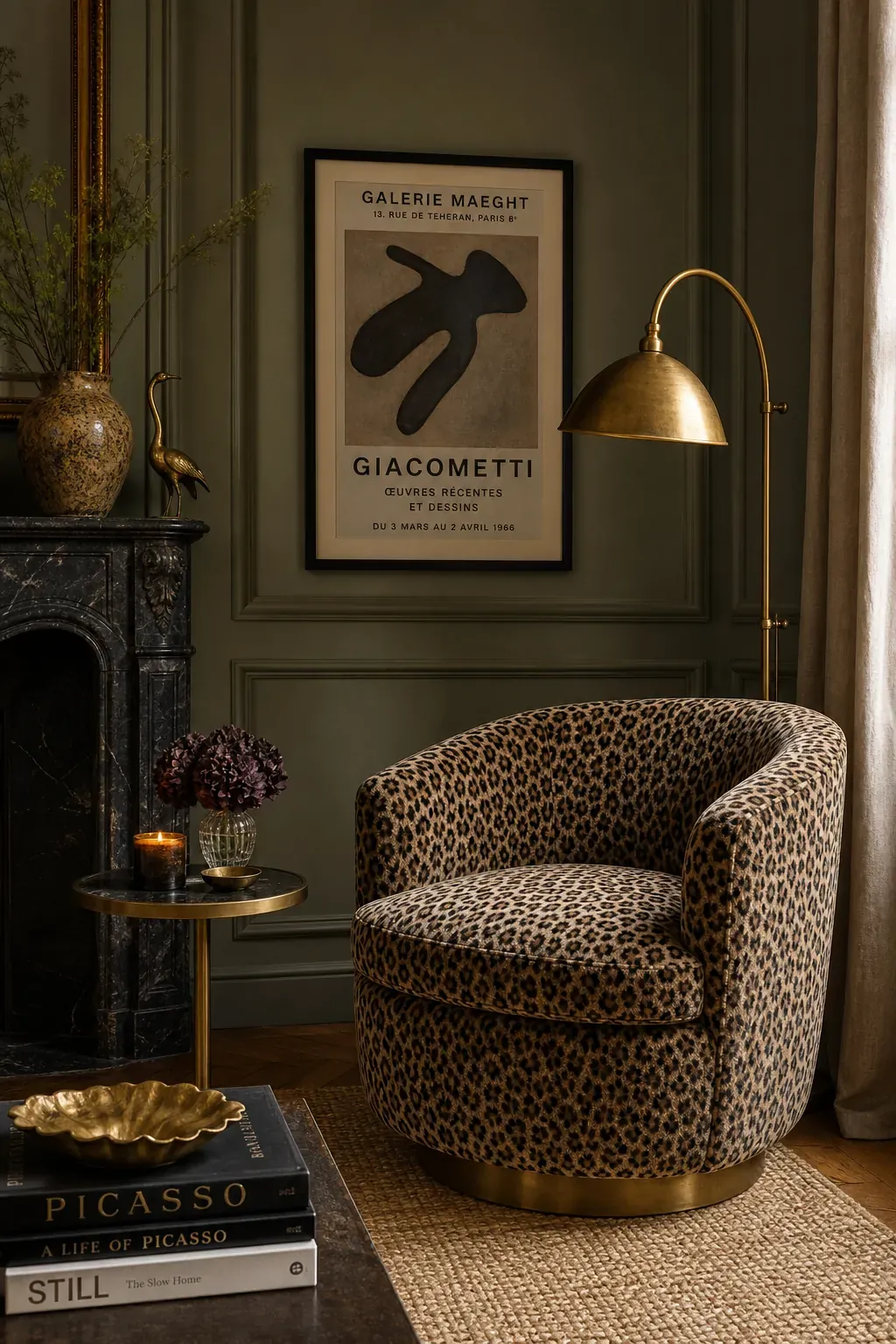 Leopard accents in a bedroom with moody olive walls
