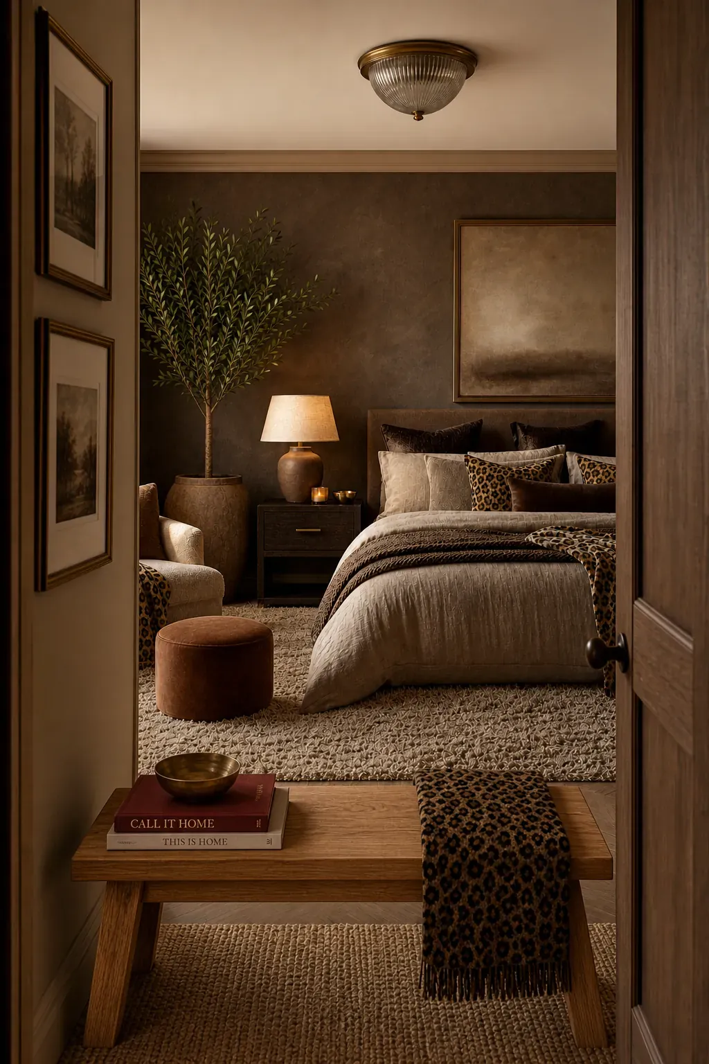 Blush pink bedroom accented with leopard print