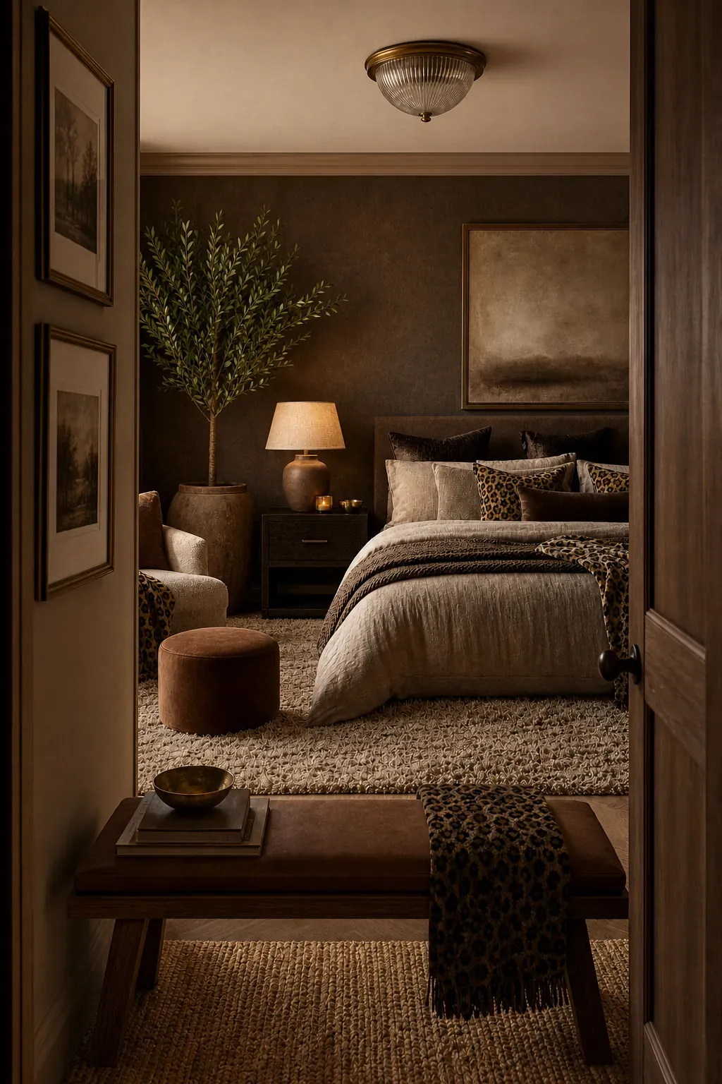 Deep teal bedroom with a leopard accent chair