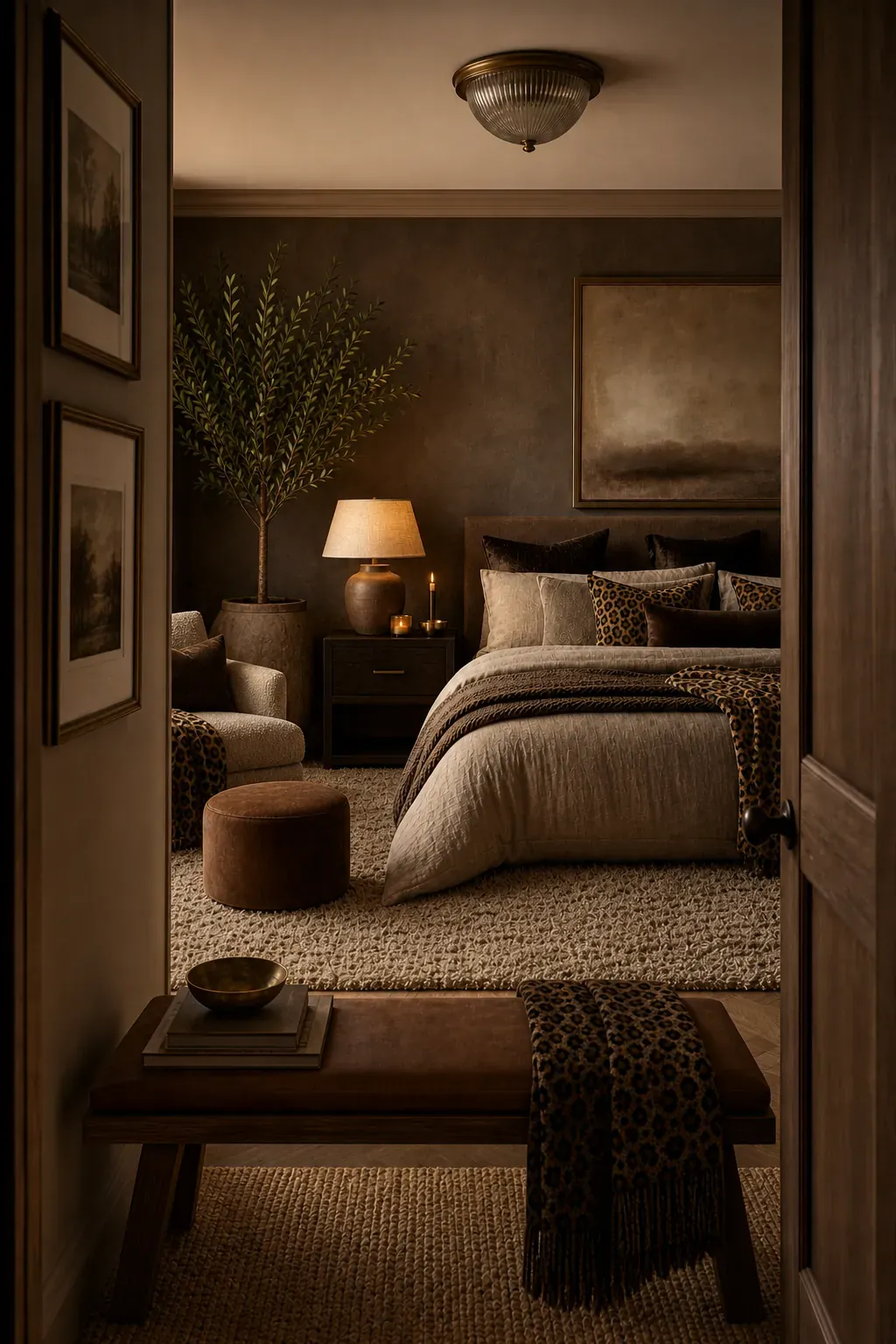 Burgundy bedding layered with a leopard-print accent