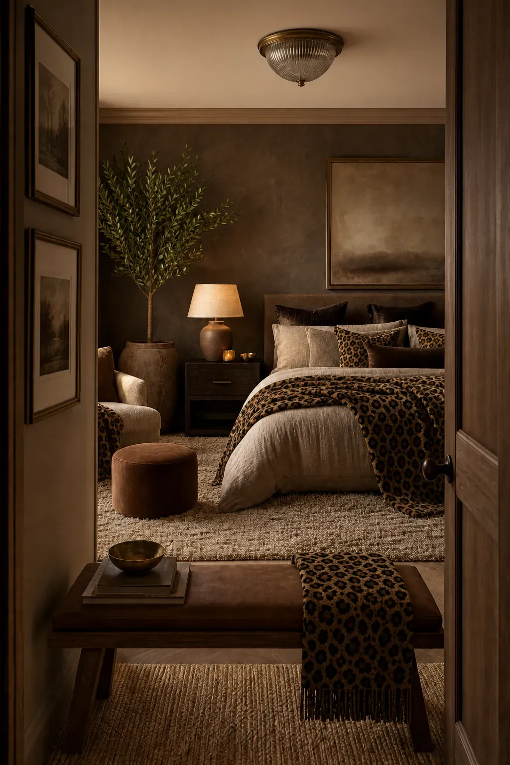 Chocolate brown tonal bedroom with subtle leopard pattern