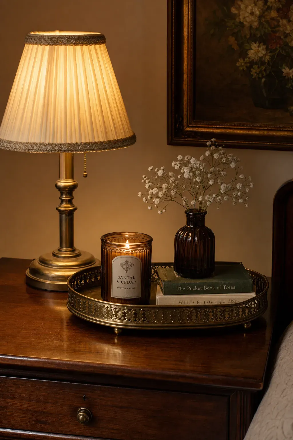 Leopard bedroom details with tortoiseshell glass and aged brass