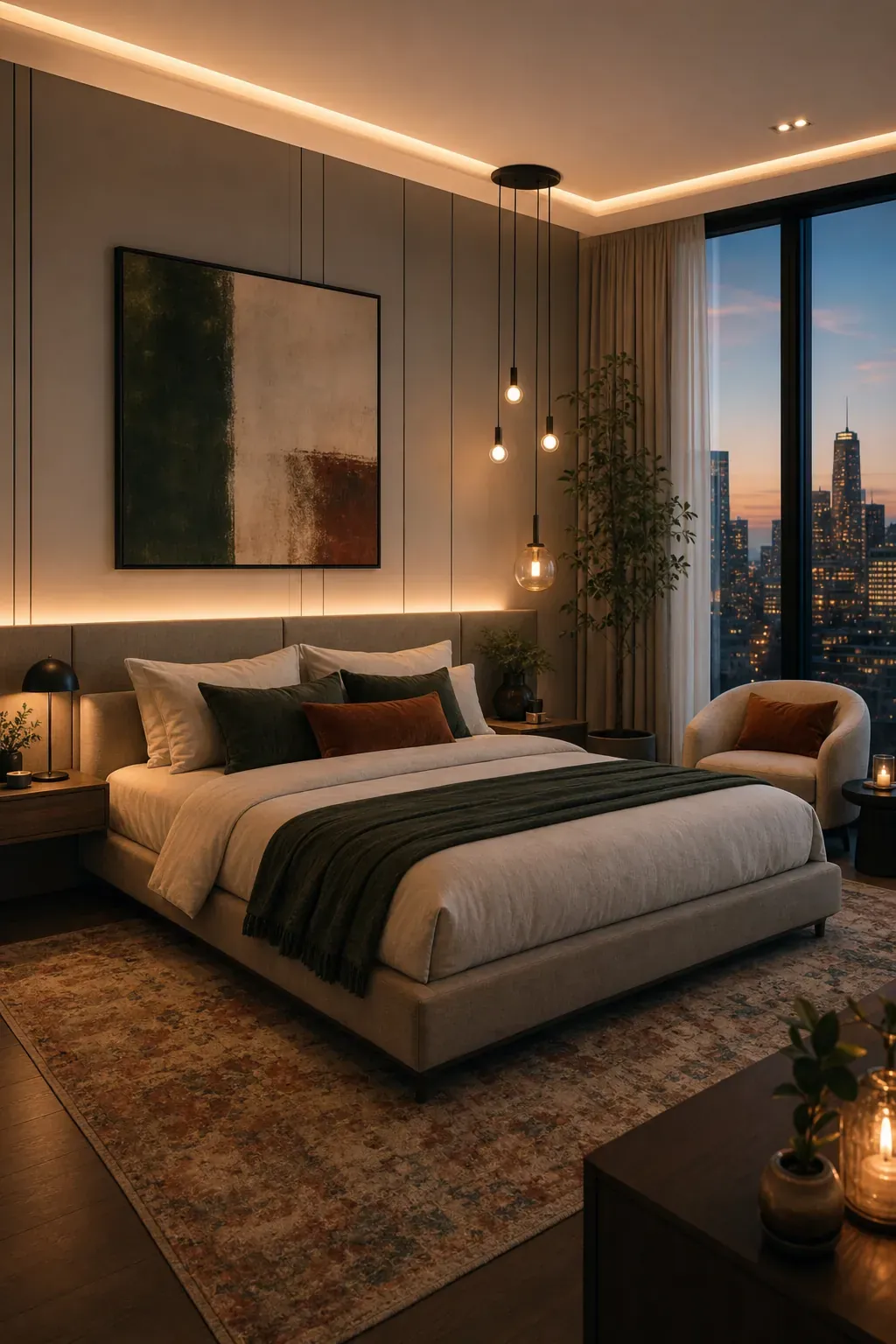 Modern minimal bedroom with one leopard-print accent