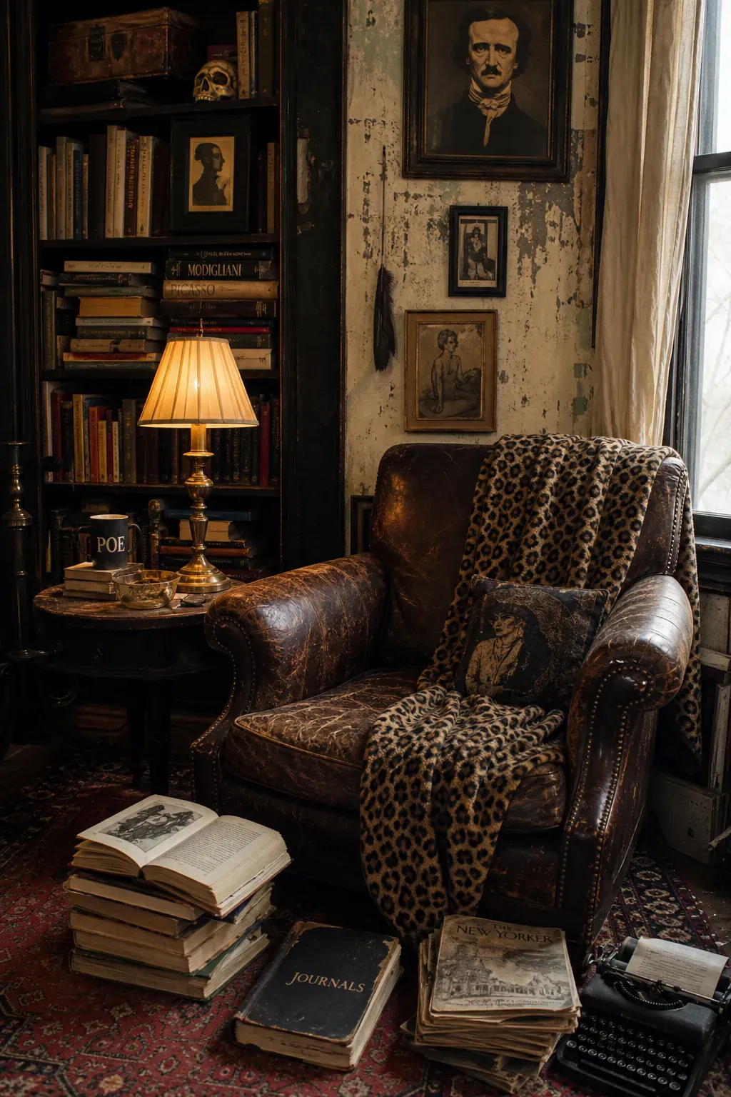 Rock and roll bedroom with leopard, black leather, and vintage music art