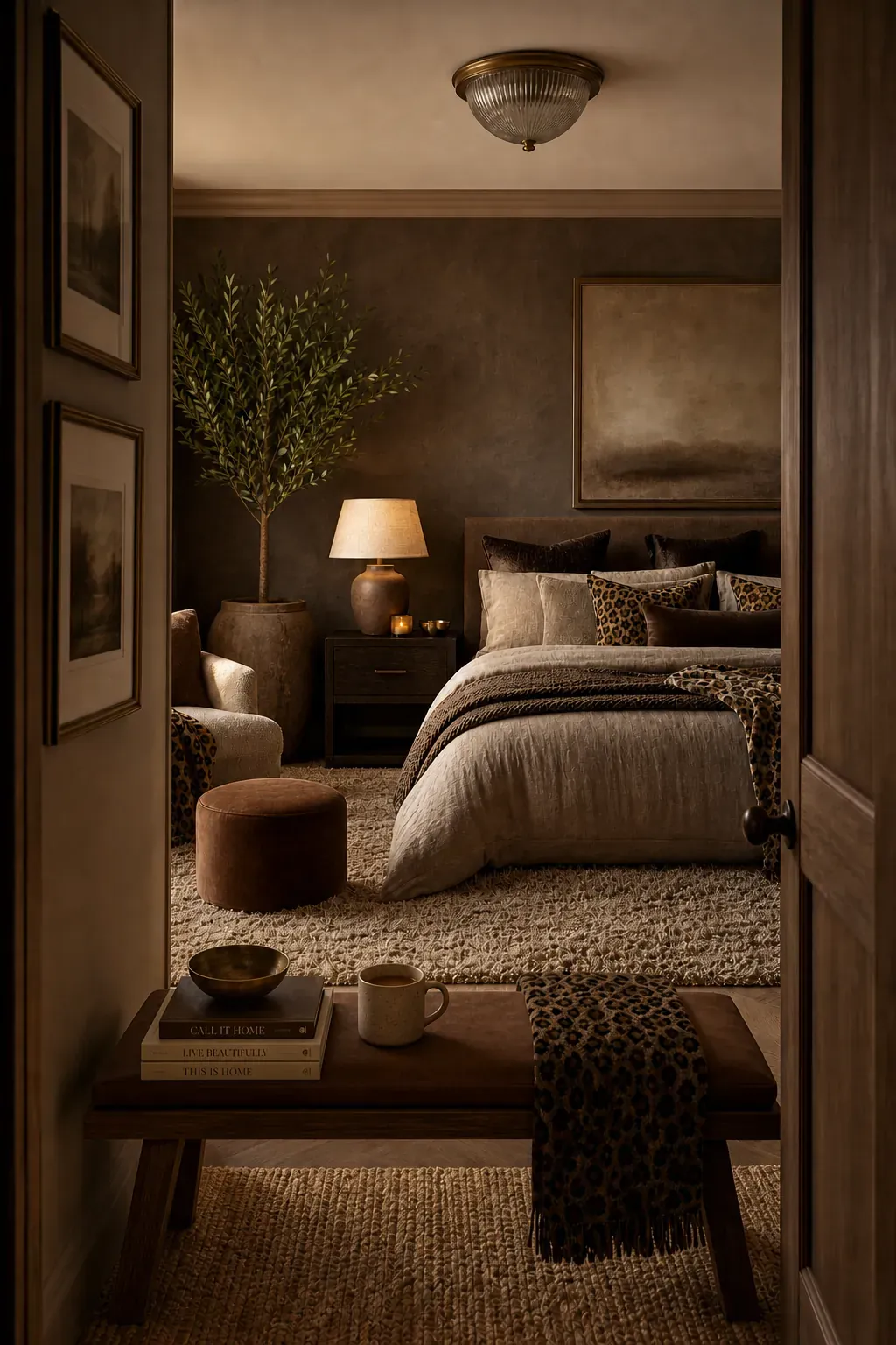 Hand-painted oversized leopard spot artwork in a bedroom