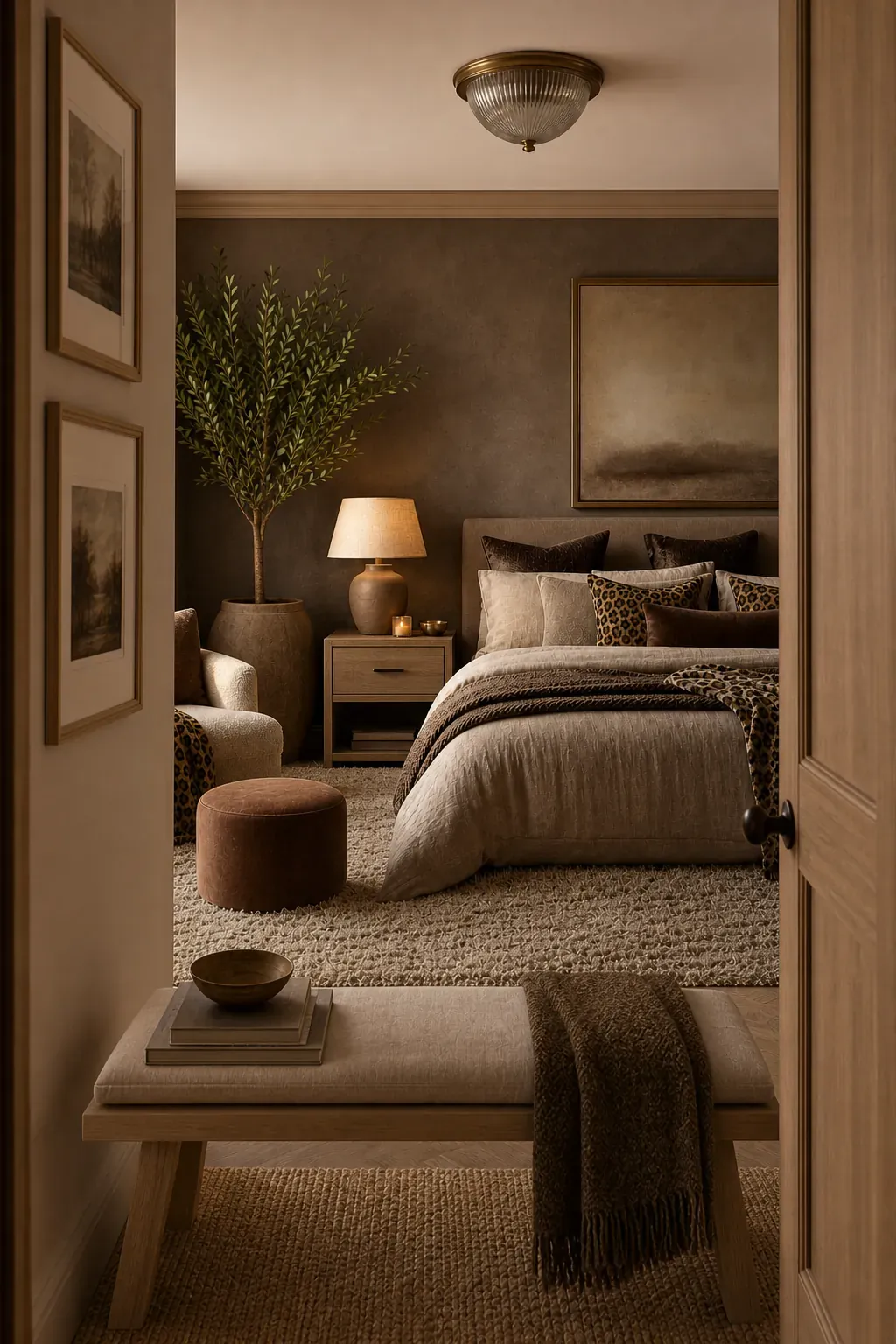 Bedroom mixing leopard print with a simple stripe