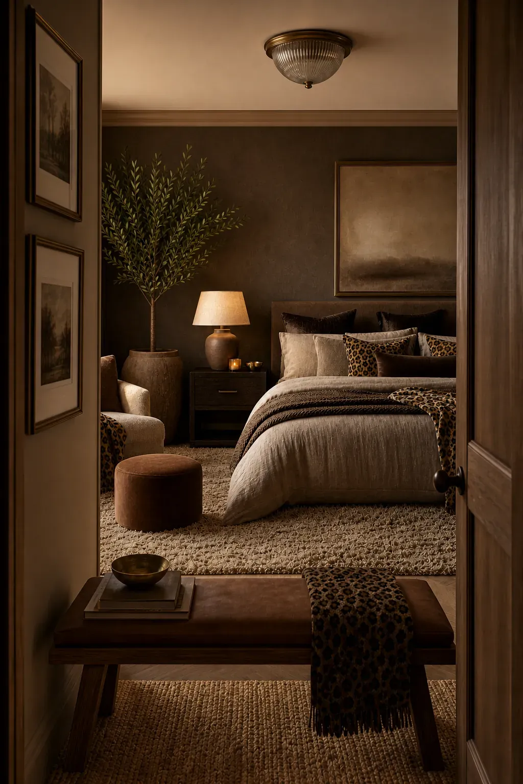 Leopard bedroom warmed by layered bedside and floor lamps