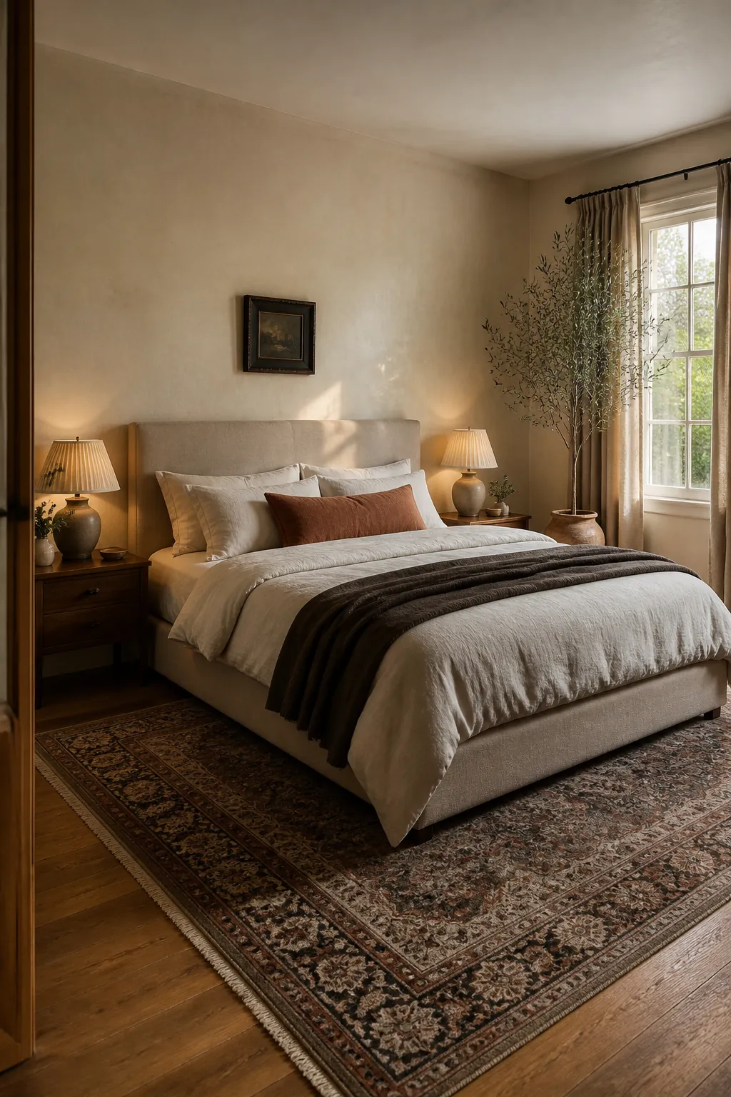 Inviting bedroom with a beige upholstered bed frame and layered neutral decor