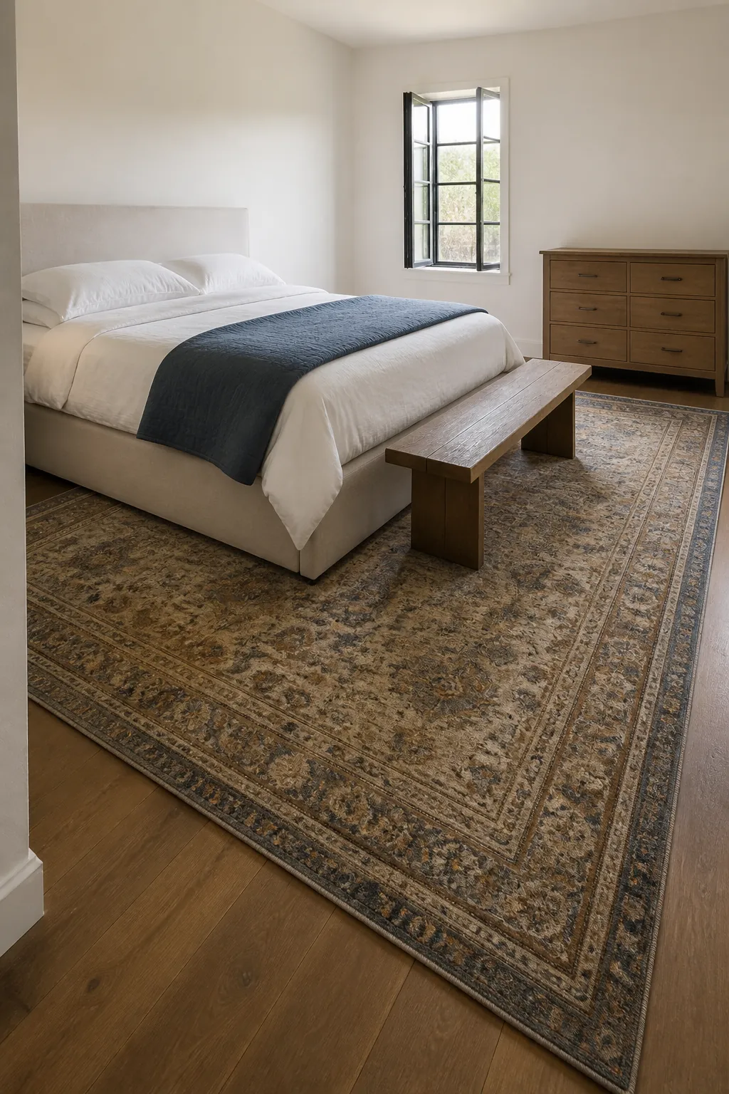 Beige bed frame grounded by a large patterned rug on wood flooring