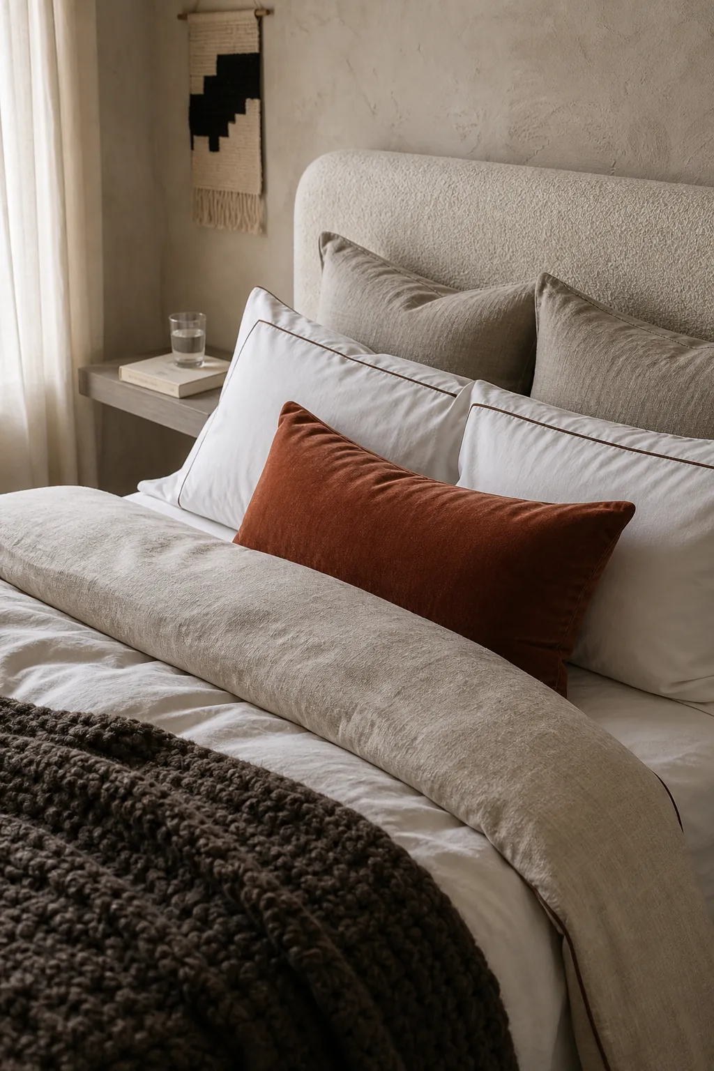 Layered cream and beige bedding with linen, wool and terracotta accents