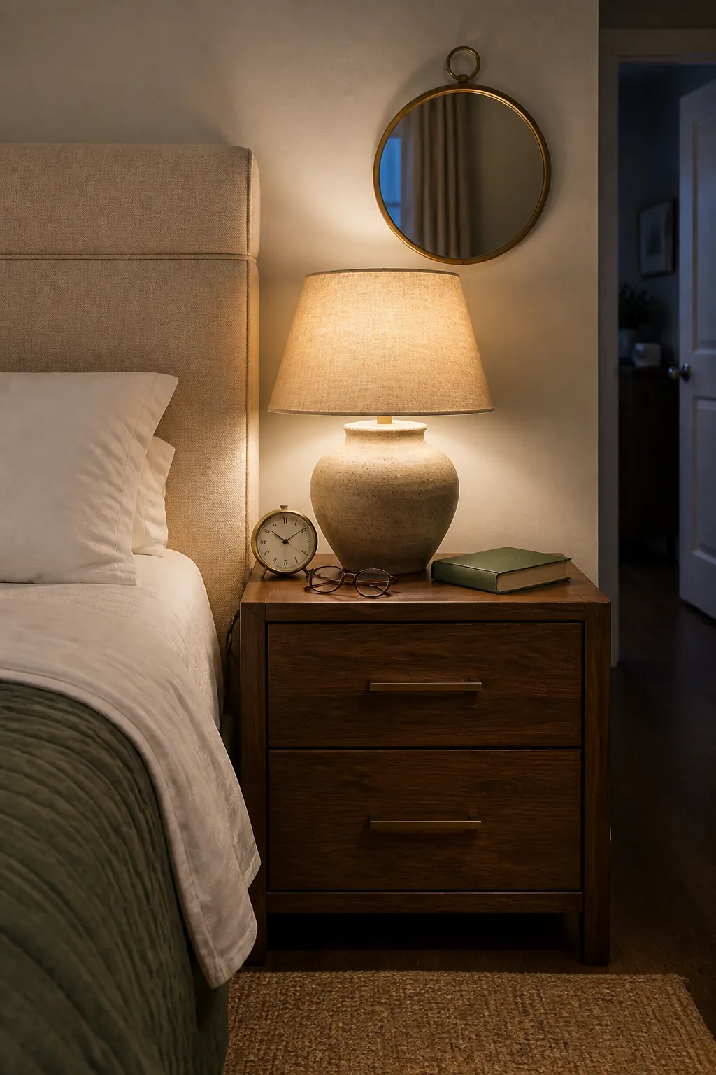 Beige headboard balanced with walnut nightstand and warm bedside lamp