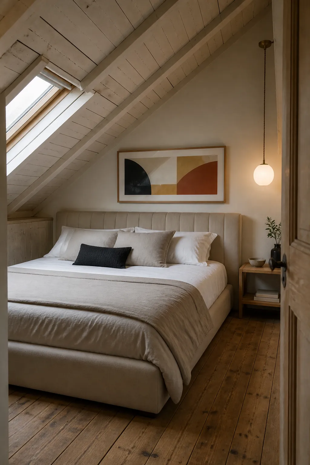 Beige bed frame beneath a correctly scaled geometric color-block print