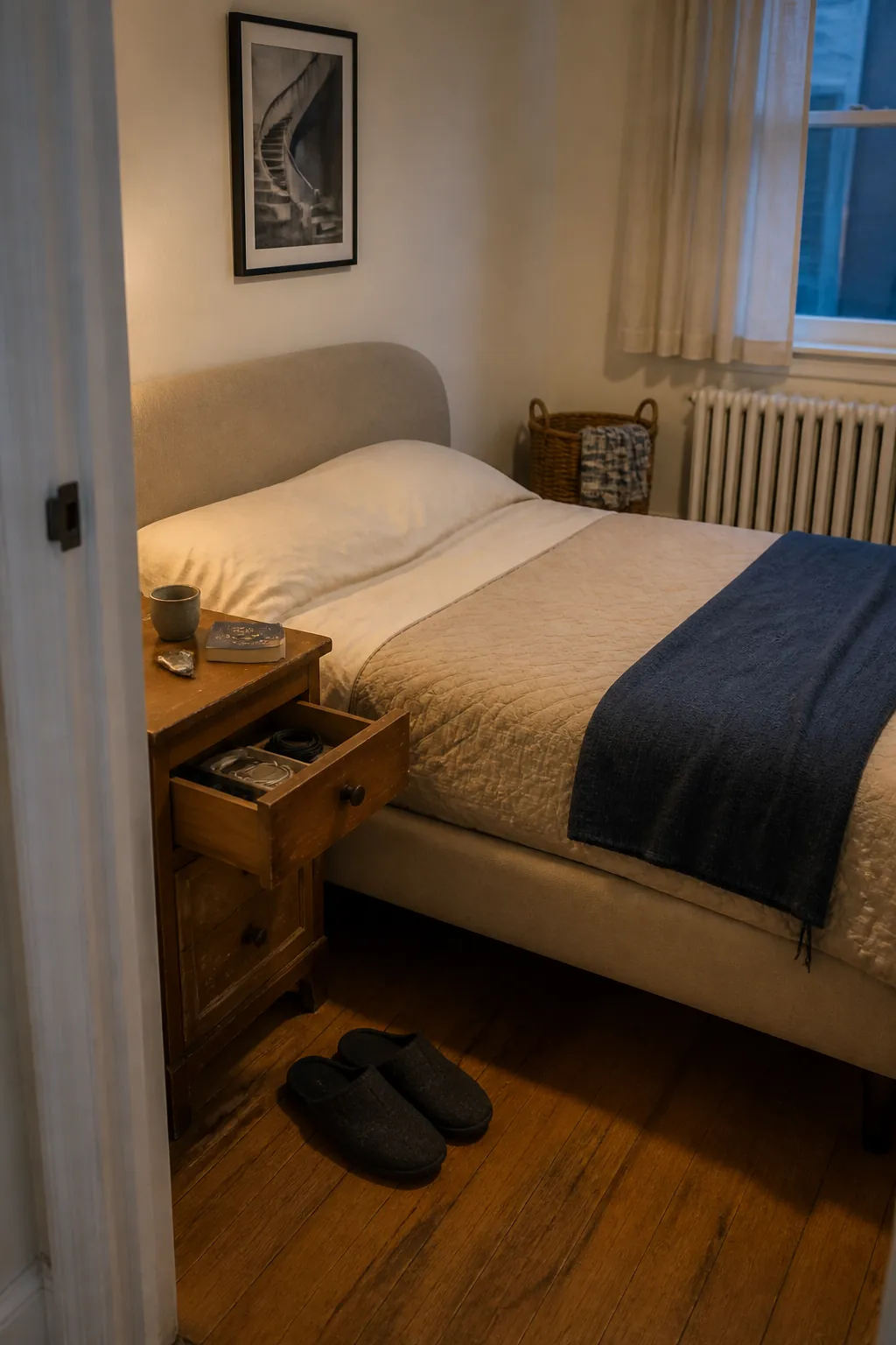 Lived-in beige bedroom with practical storage and warm evening light