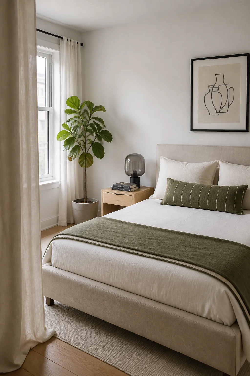 Modern beige bedroom with olive accents repeated across textiles and decor