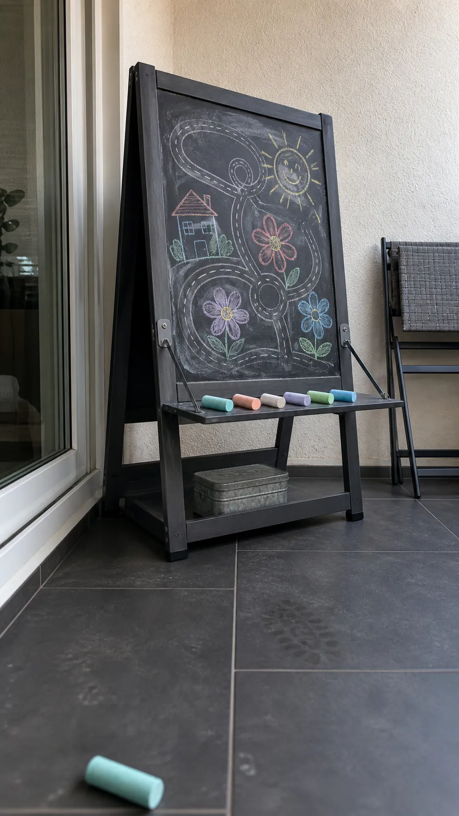 Fold-down chalk drawing station for a small outdoor play area