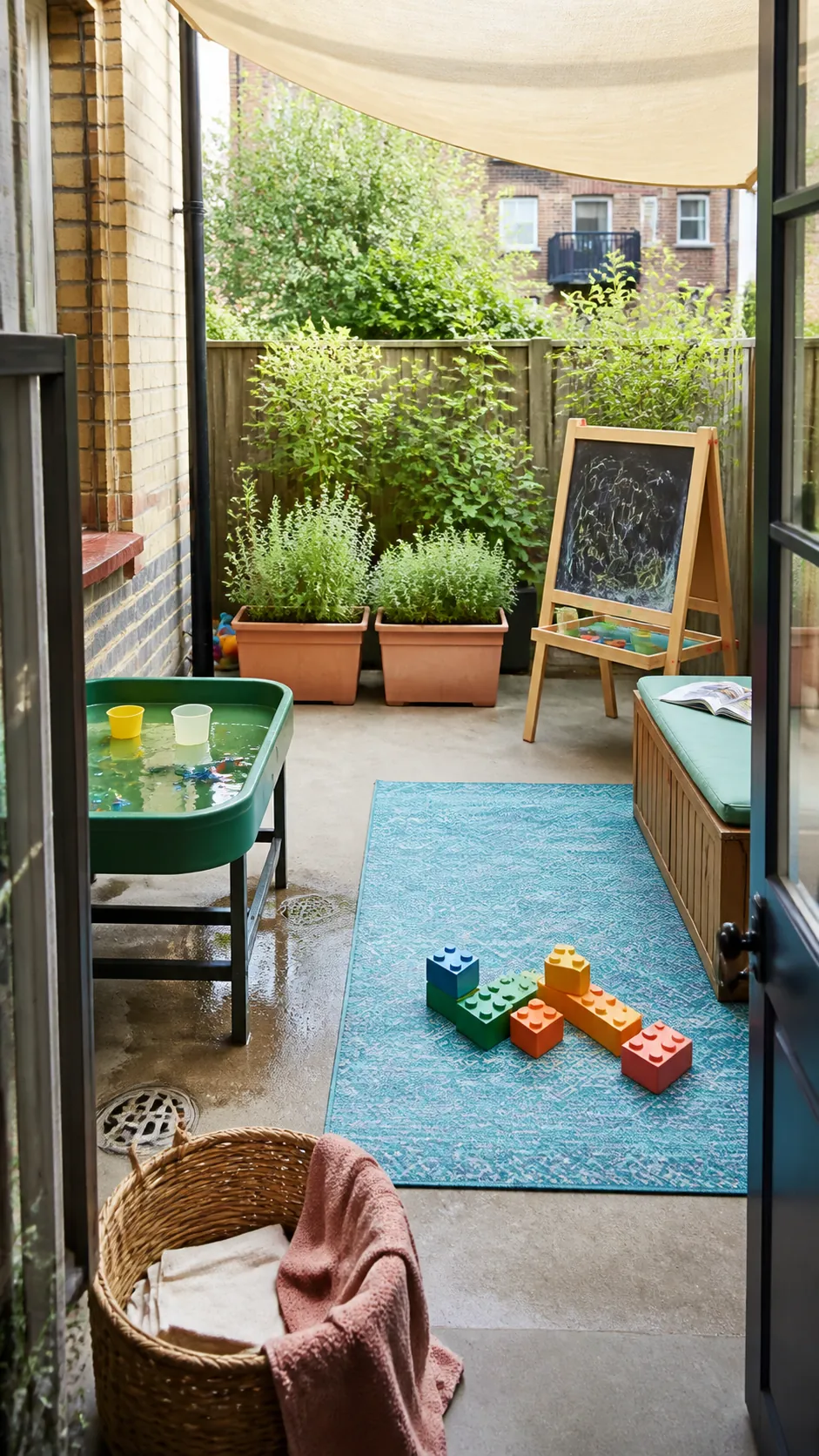 Cheerful compact patio arranged as a flexible play space for kids