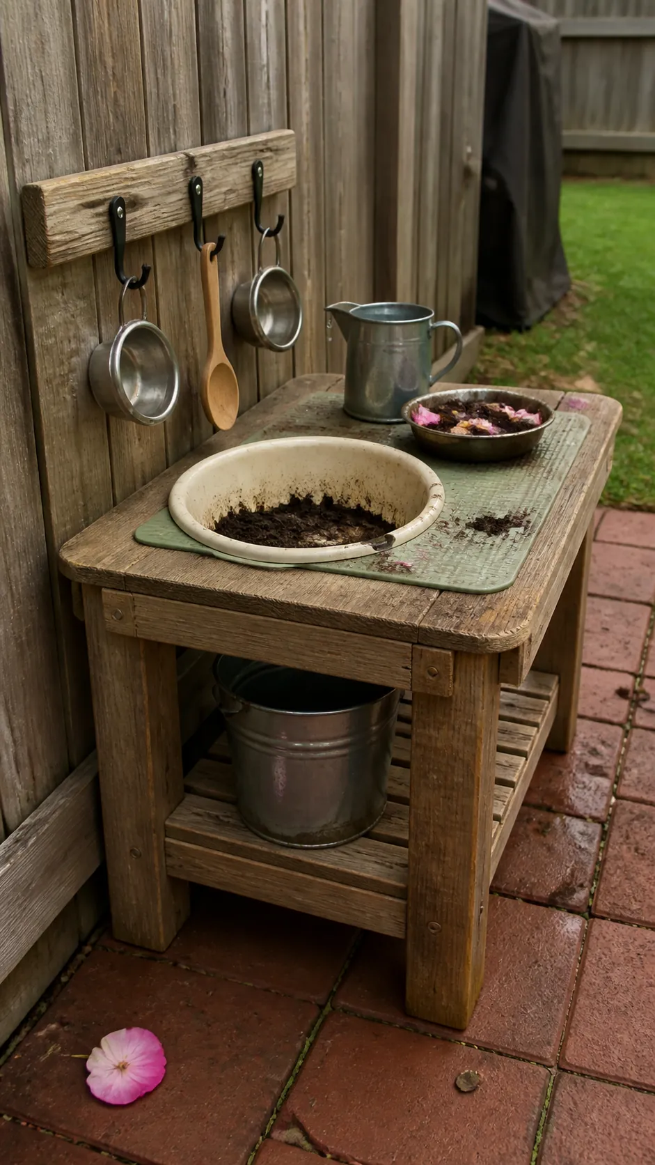 Space-saving mud kitchen on a tiny patio for children