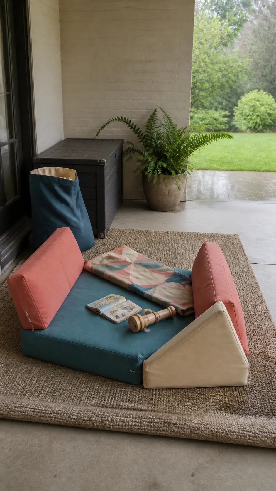 Outdoor floor cushions arranged for fort building on a compact patio