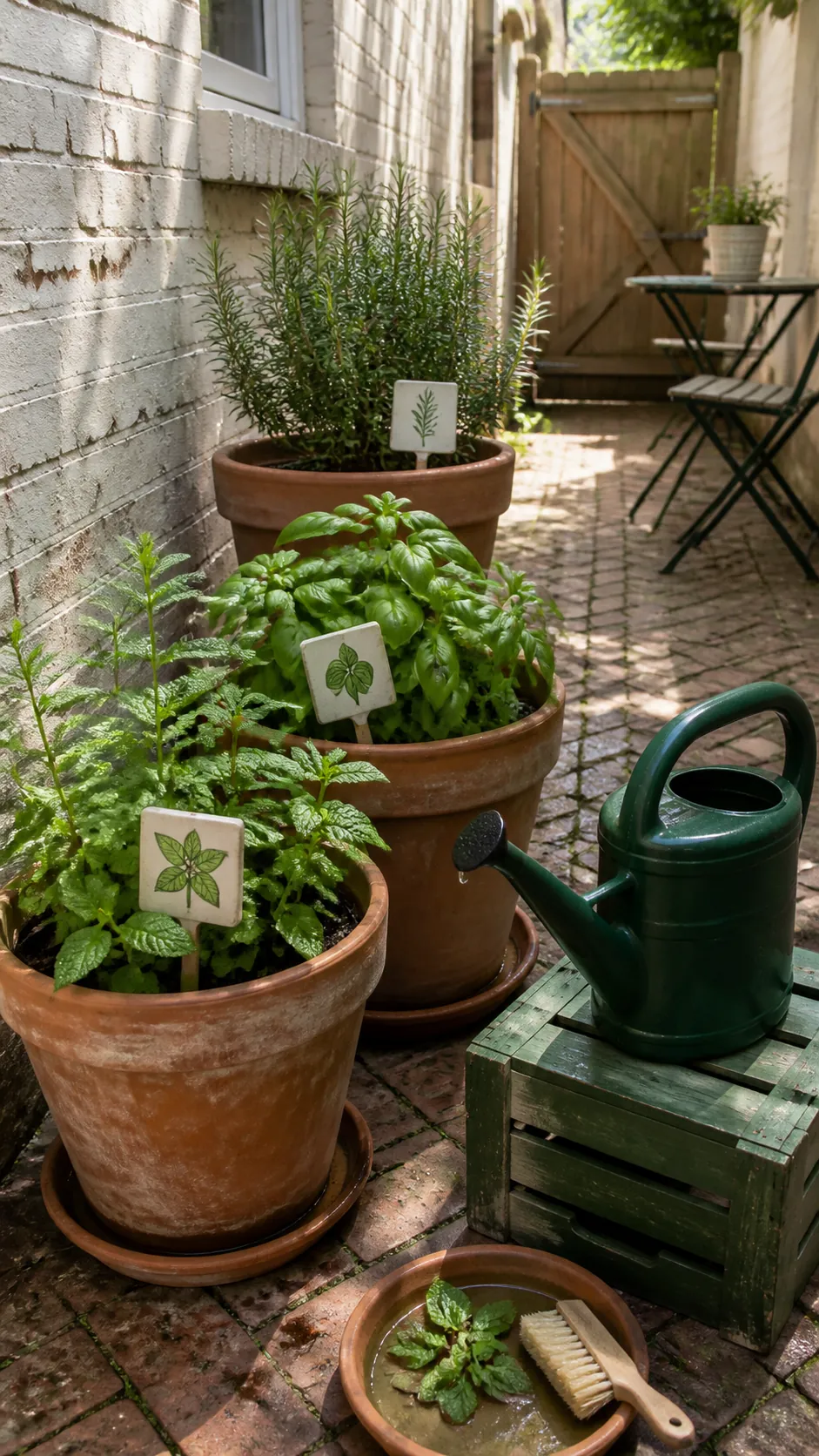 Child-friendly sensory herb planters on a narrow patio