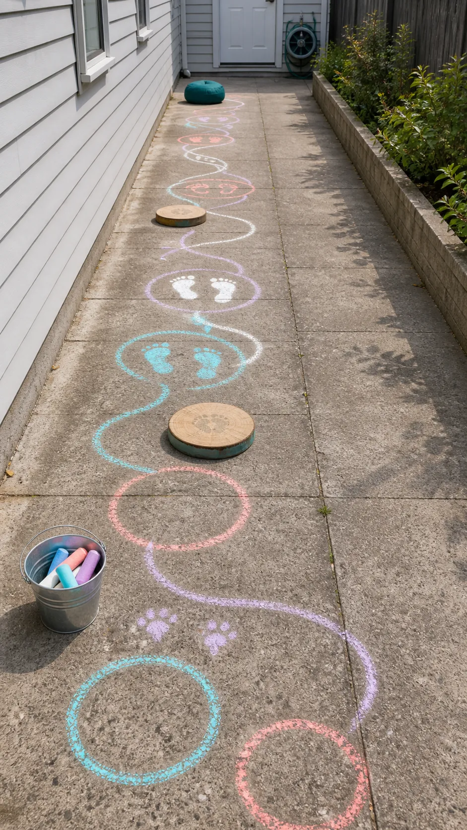 Colorful removable movement trail across a small patio floor