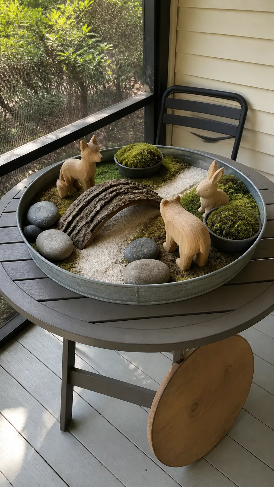 Tabletop miniature garden play setup on a small family patio