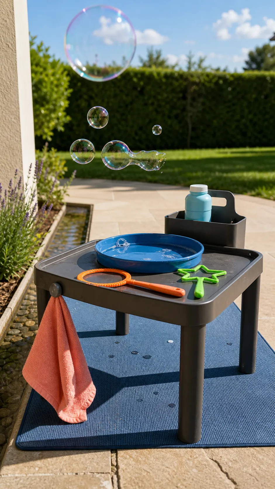 Low bubble activity station on a sunny compact patio