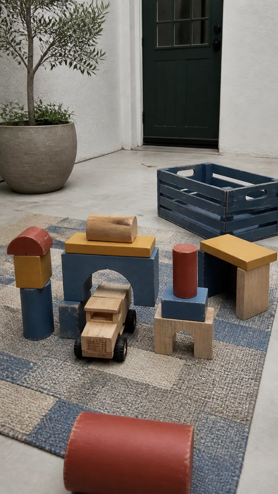 Large outdoor building blocks stored neatly on a kid-friendly patio