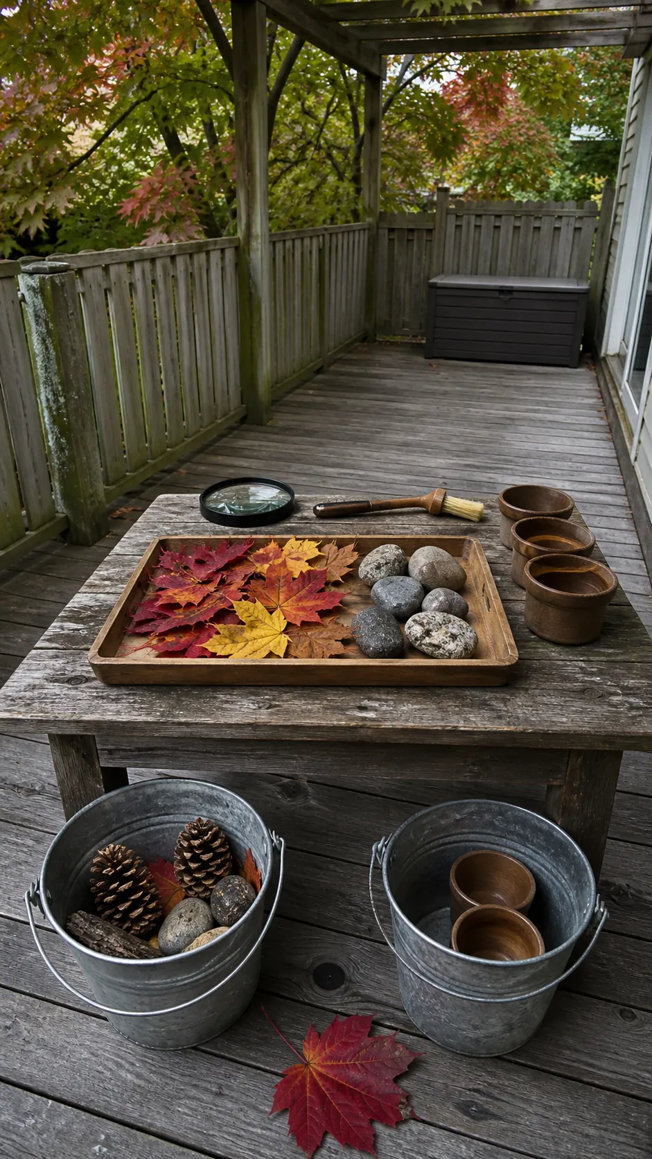 Simple nature sorting lab for children on a small patio table